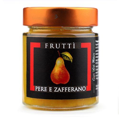 Fruttì-Pere-e-zafferano confettura raffinata in vaso di vetro con tappo rame da 150g con pochissime calorie e oltre l'80% di frutta non da concentrato solo da frutta fresca