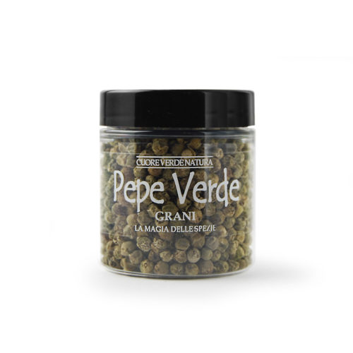 Pepe-verde in barattolo di pet completamente riciclabile in formato da 25grammi-vaso trasparente e tappo nero