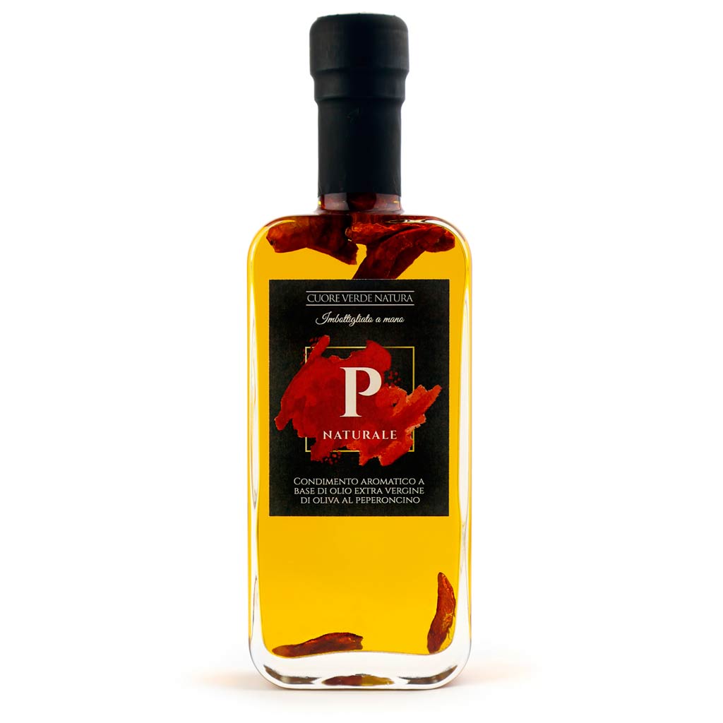 Olio extravergine di oliva al peperoncino in elegante bottiglia stile profumo con tappo dosatore