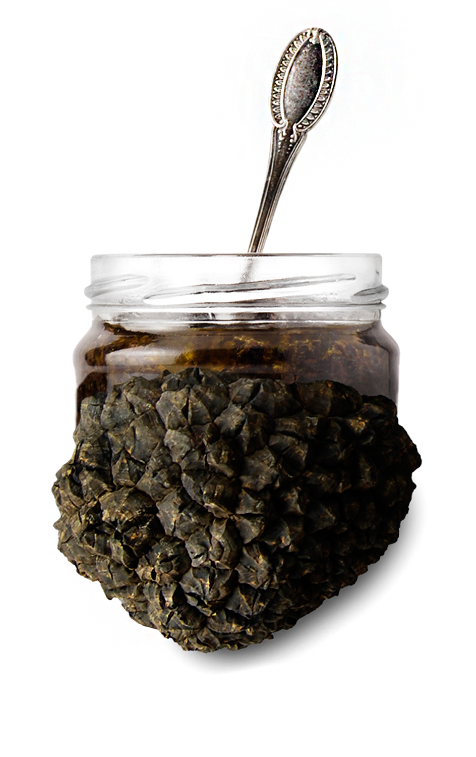 Jar of truffle sauce "La Tartufella" that blends harmoniously with a fresh black truffle. Artistic image that wants to understand the symbiosis and balance between the preparation and the nature from which it derives.