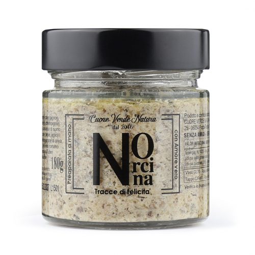 Vaso del condimento alla Norcina realizzato da Cuore Verde Natura coningredienti naturali e selezionati: Salsiccia di suino, cipolla, funghi, ricotta di percora, pecorino, panna UHT, tartufo