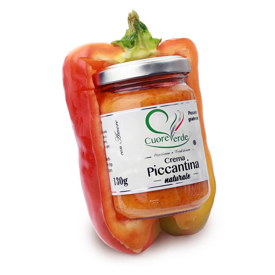 Crema piccantina a base di peperoni rossi e gialli con un lieve accenno di piccante-in vaso da 130g-100% naturale senza amidi pronta per essere spalmata su crostini e tartine o per accompagnare carni alla griglia o in salate sfiziose.