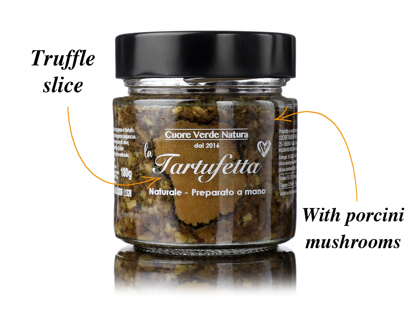 LA TARTUFETTA jar of truffle sauce with a slice of truffle on display, a new idea to eat first with your eyes and then enjoy with your palate.