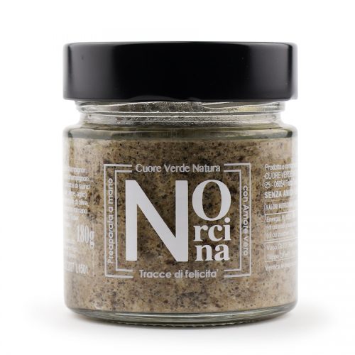 Vaso del condimento alla Norcina nel formato da 180 grammi pronto all'uso; un condimento da ristorante racchiuso in un elegante vaso
