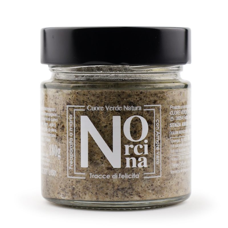 Vaso del condimento alla Norcina nel formato da 180 grammi pronto all'uso; un condimento da ristorante racchiuso in un elegante vaso
