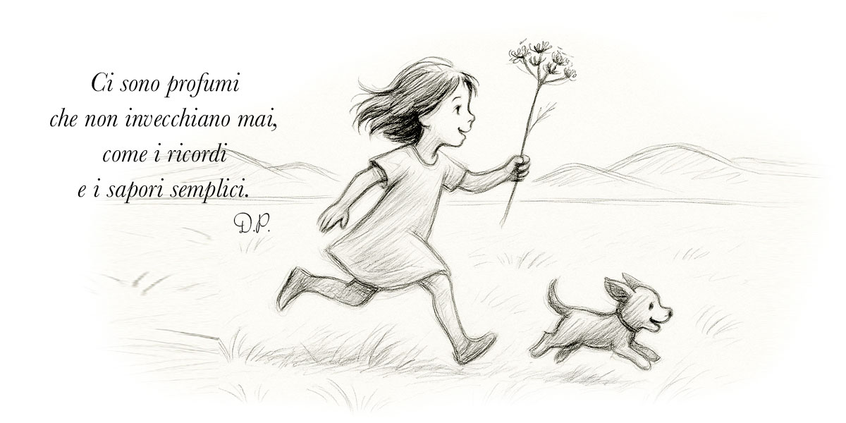 Bambina che corre felice nel prato con il suo cagnolino e un fiore di finocchietto selvatico in mano creata da Danilo Pontini