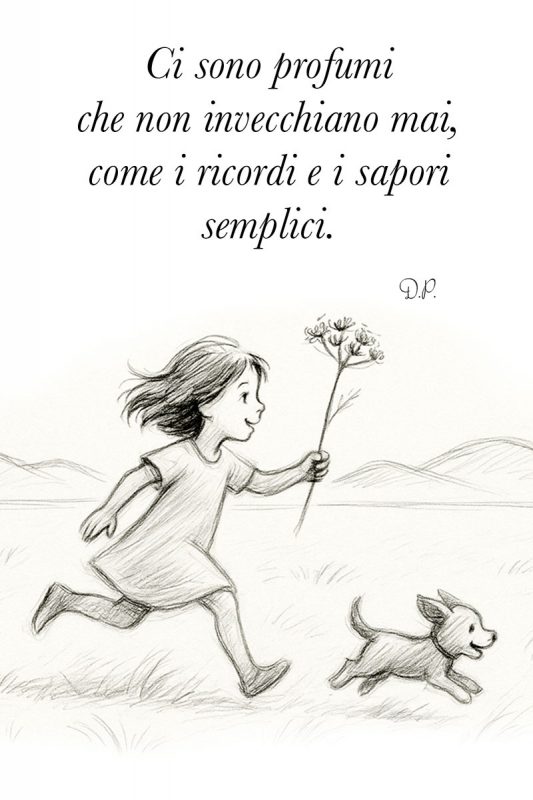 Bambina che corre felice nel prato con il suo cagnolino e un fiore di finocchietto selvatico in mano creata da Danilo Pontini