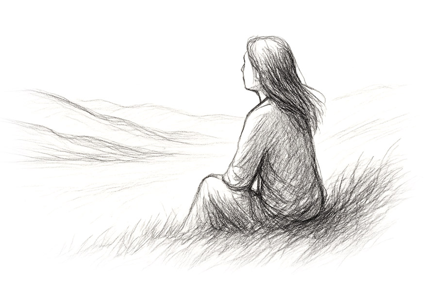 Immagine disegnata a mano libera di una Donna seduta sul prato cifronte a una vallata in contemplazione e immersa nella natura si sente in profonda pace con se stessa connessa totalmente con la natura circostante