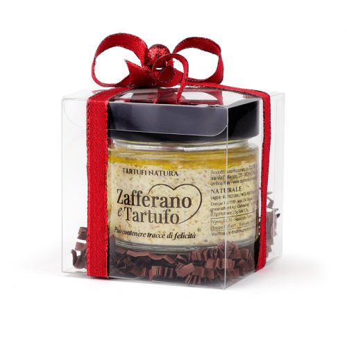 Confezione regalo BonCubo trasparente Cuore Verde Natura; scatola contenenti un solo prodotto artigianale di alta qualità in questo caso con Crema di Zafferano e Tartufo ma è possibile personalizzarlo con tutti i nostri prodotti che rientrano nelle misure specifiche del cubo.