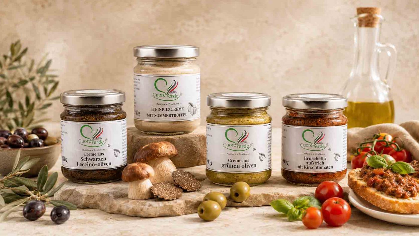 Italienische Feinkost für Feinkostläden von Cuore Verde Natura mit Olivencremes, Steinpilzcreme und Bruschetta-Aufstrich aus Umbrien