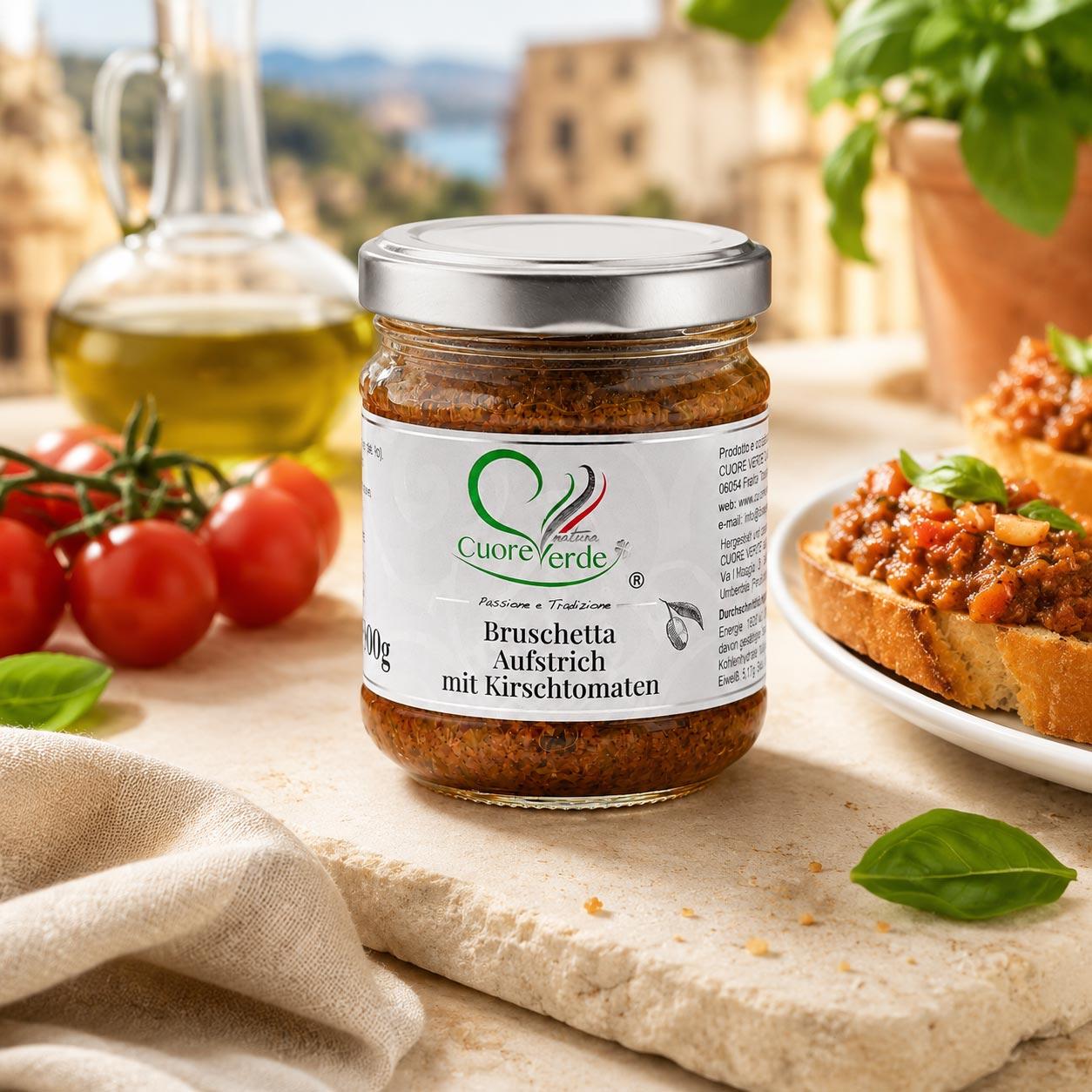 Bruschetta-Aufstrich mit Kirschtomaten von Cuore Verde Natura, italienische Feinkost aus Umbrien für Feinkostläden